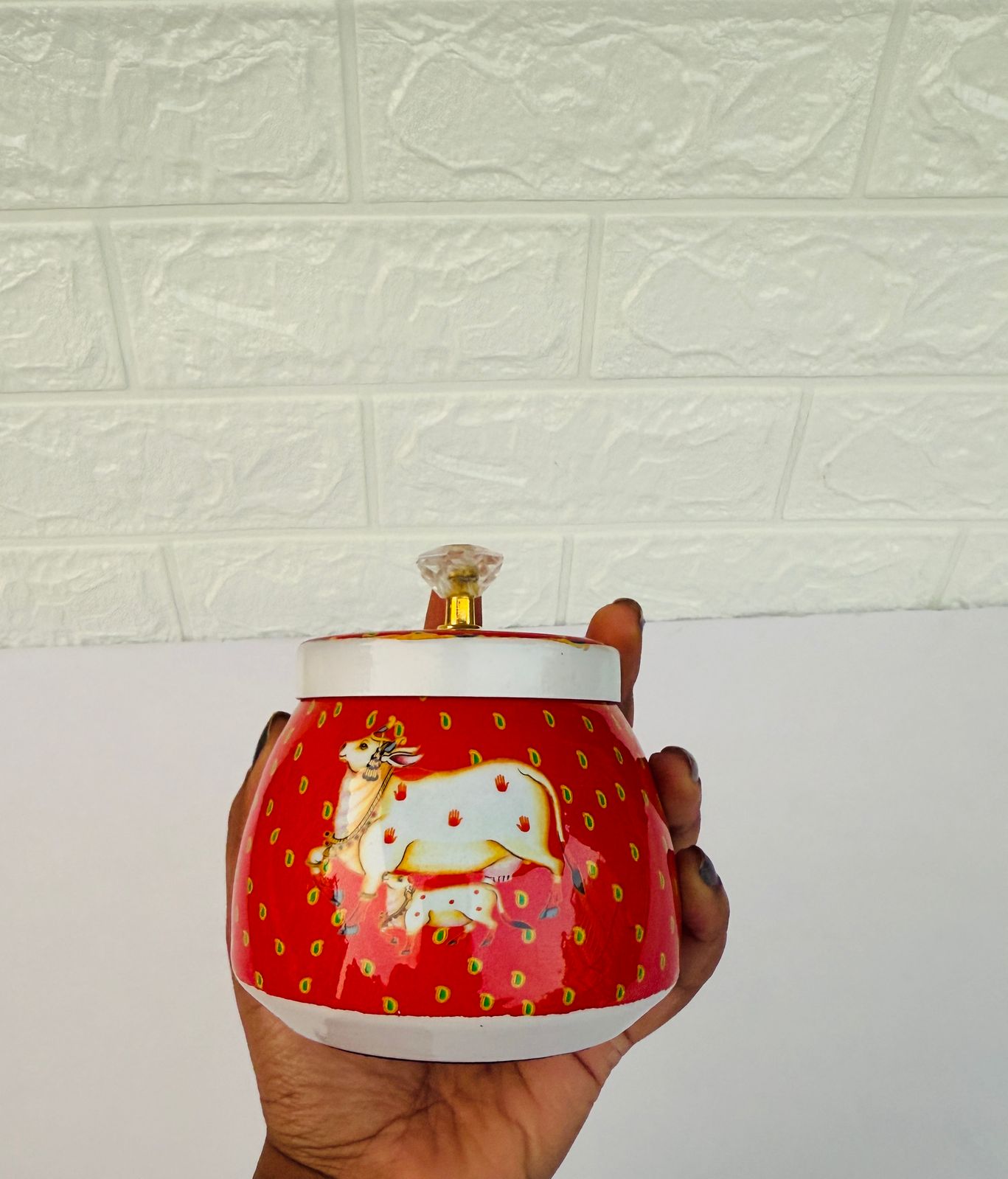 Golden Essence Pichwai Jar  with Crystal Knob, Red Cow Pattern