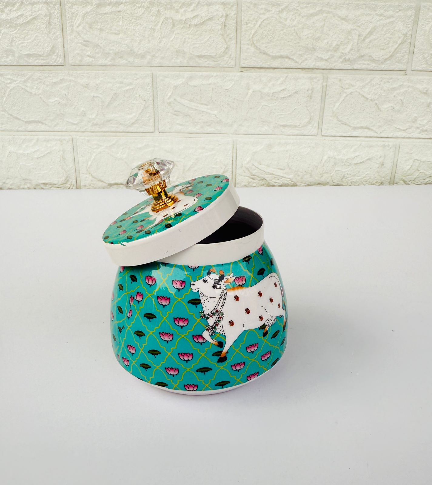 Golden Essence Pichwai Jar  with Crystal Knob, Turquoise Cow Pattern