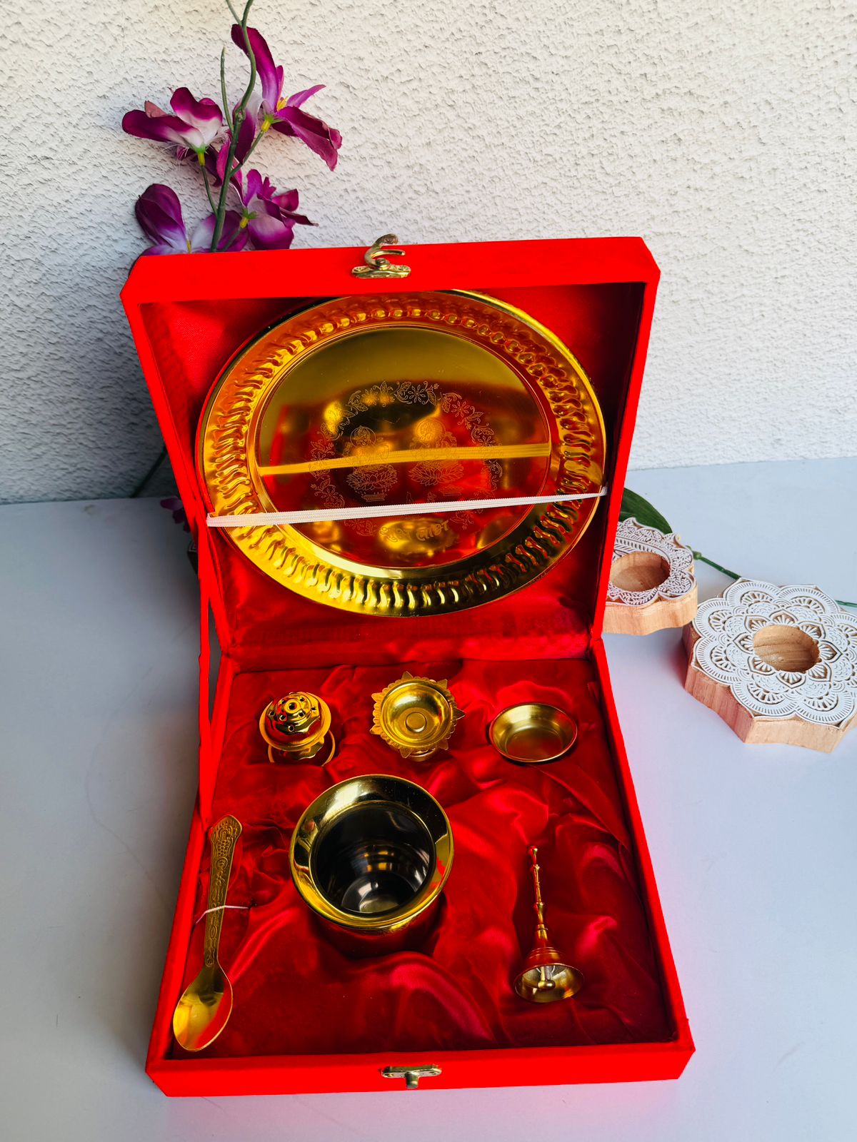 Premium Gold-Polished Steel Pooja Thali Set with Velvet Box