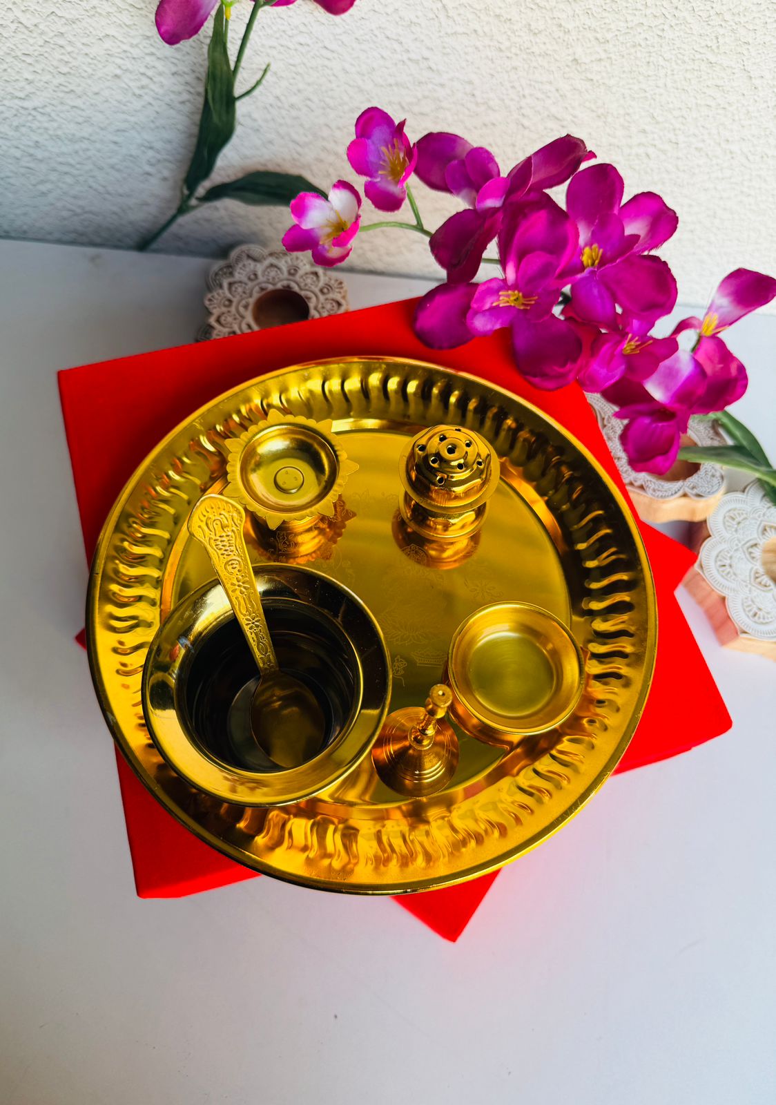Premium Gold-Polished Steel Pooja Thali Set with Velvet Box