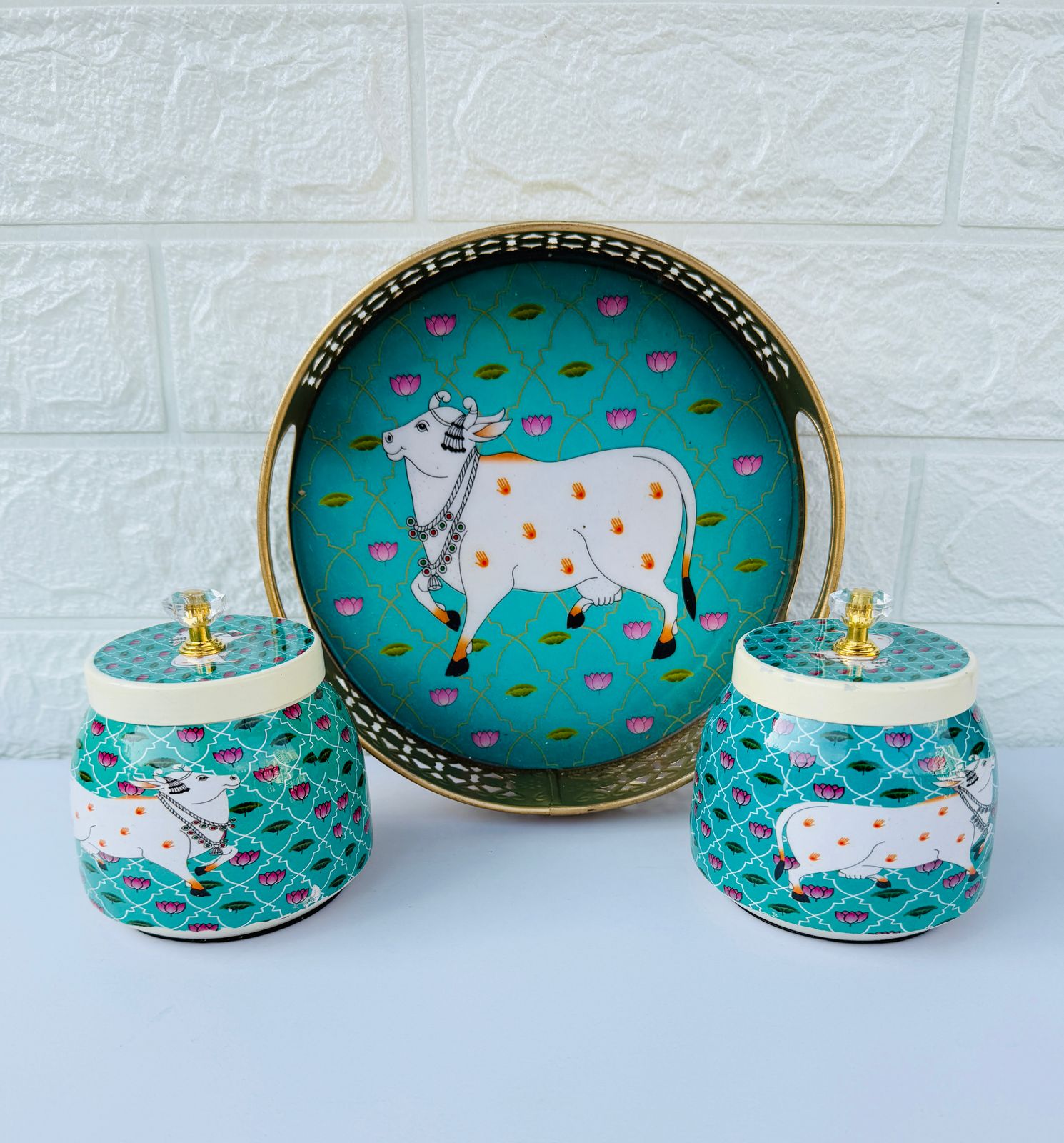 Golden Essence Jar & Tray Set, Turquoise Cow Pattern, 3-Piece