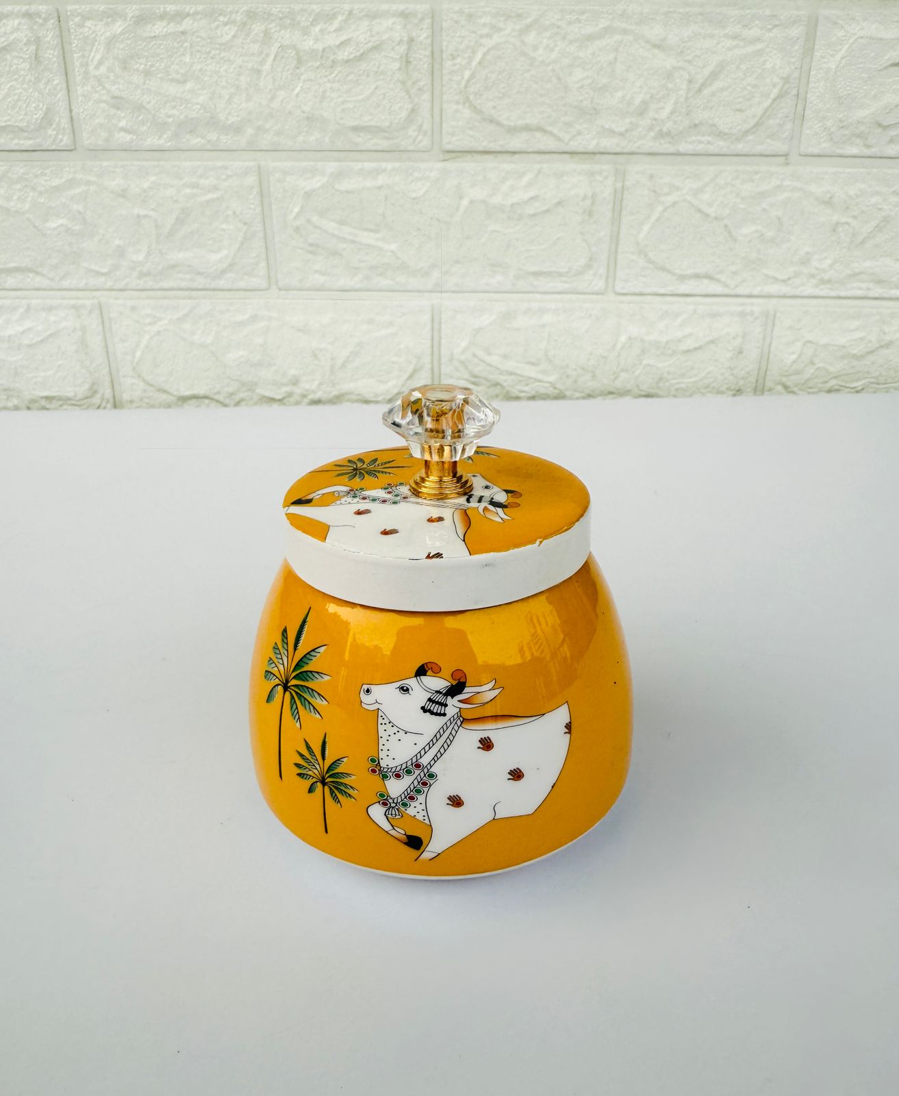 Golden Essence Pichwai Jar  with Crystal Knob, Orange Cow Pattern