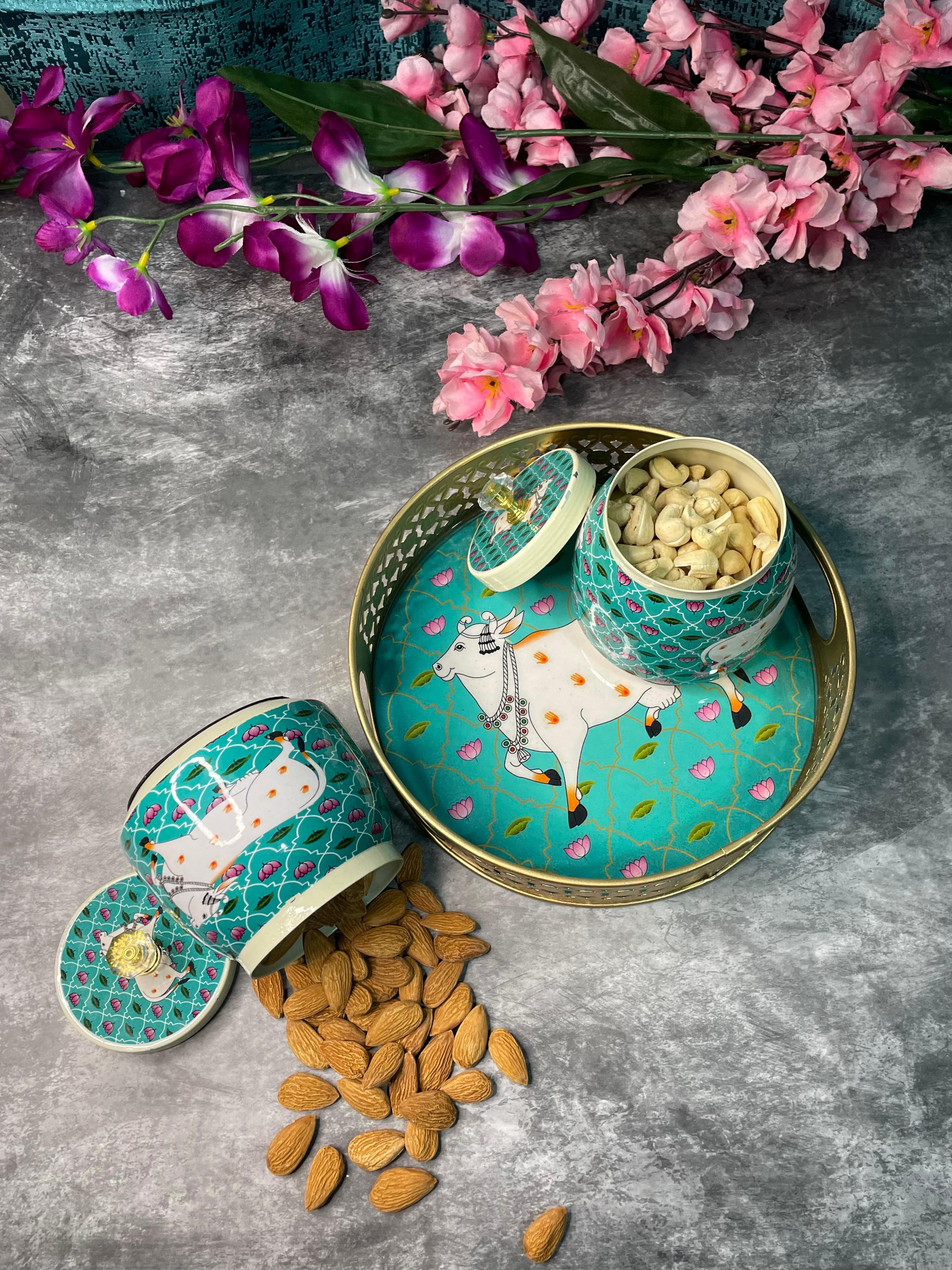 Golden Essence Jar & Tray Set, Turquoise Cow Pattern, 3-Piece