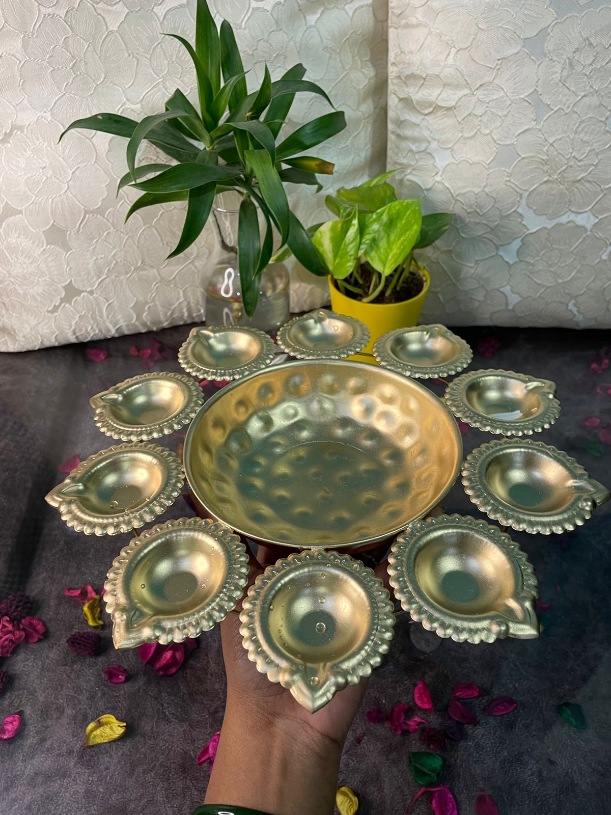 Golden Essence 10-Diya Urli Bowl , Gold Polish , Size 8 inch
