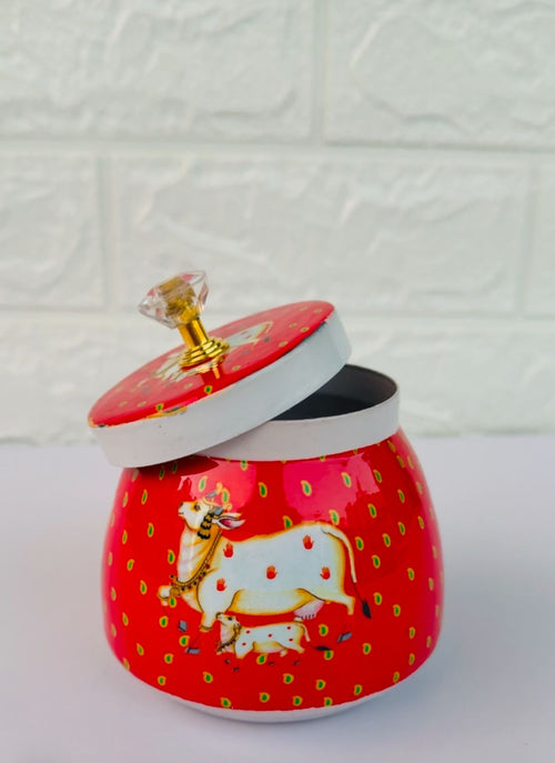 Golden Essence Pichwai Jar  with Crystal Knob, Red Cow Pattern