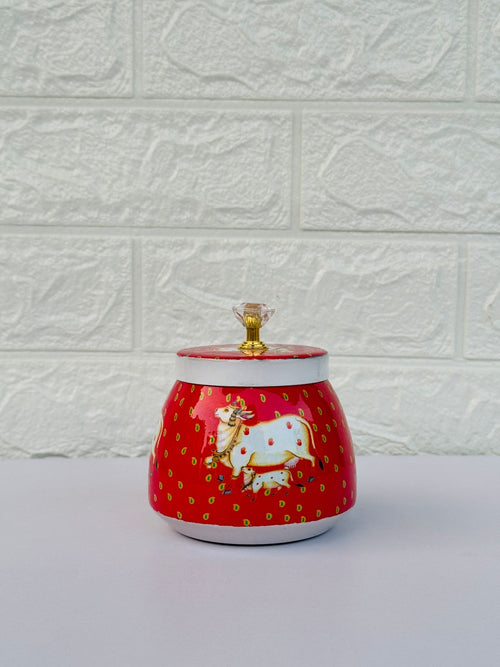 Golden Essence Pichwai Jar  with Crystal Knob, Red Cow Pattern