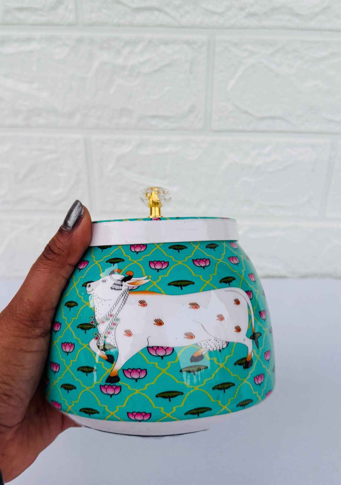 Golden Essence Pichwai Jar  with Crystal Knob, Turquoise Cow Pattern