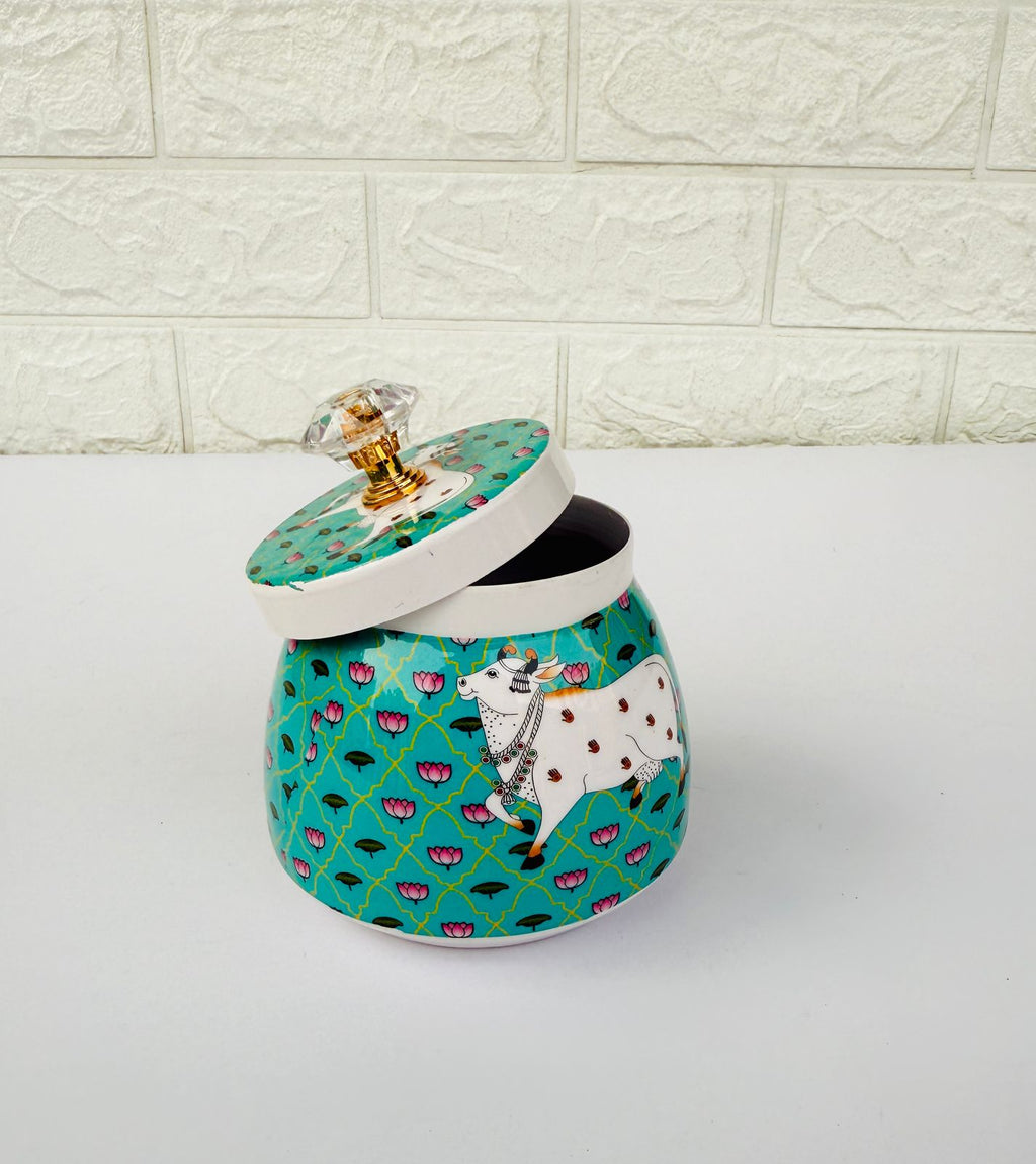 Golden Essence Pichwai Jar  with Crystal Knob, Turquoise Cow Pattern