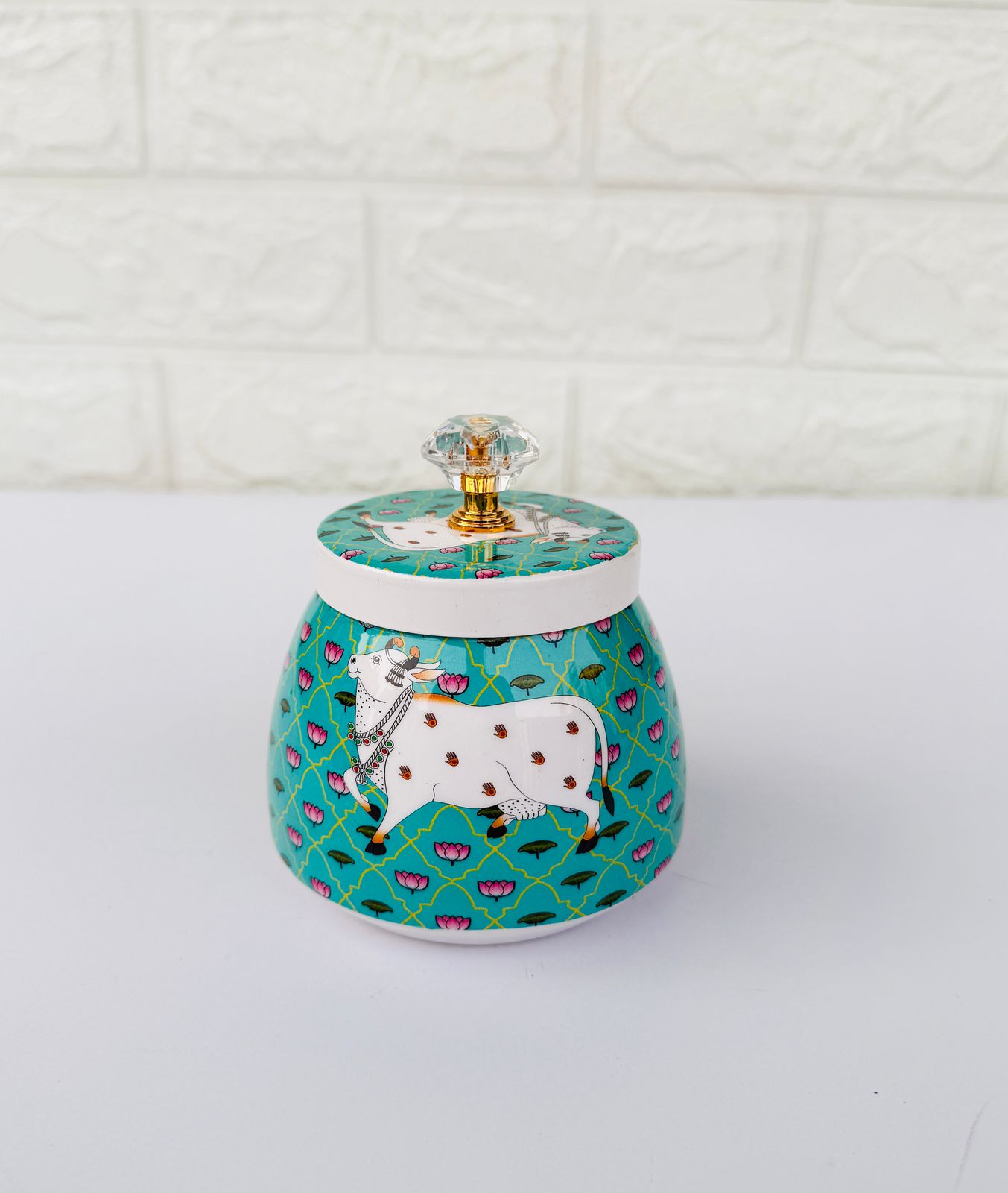 Golden Essence Pichwai Jar  with Crystal Knob, Turquoise Cow Pattern