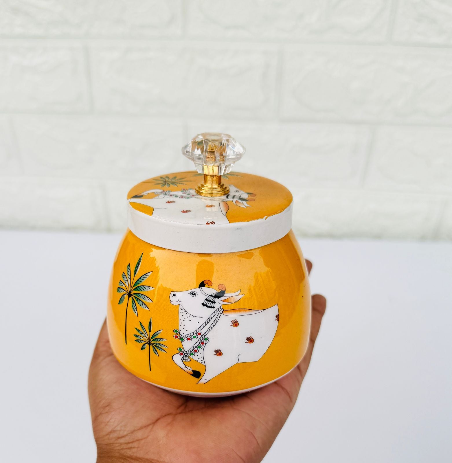 Golden Essence Pichwai Jar  with Crystal Knob, Orange Cow Pattern