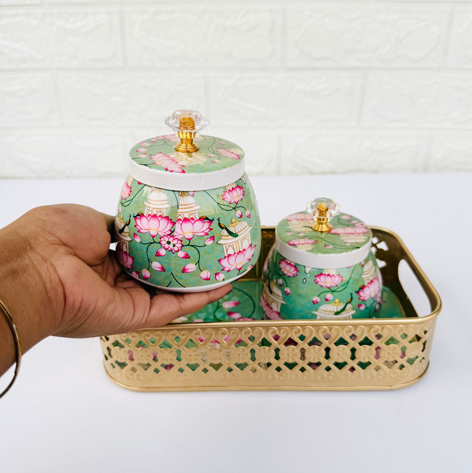 Golden Essence Jar & Tray Set, Green lotus  Pattern, 3-Piece