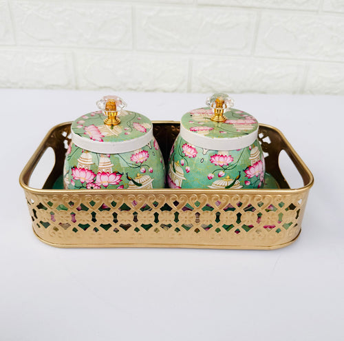 Golden Essence Jar & Tray Set, Green lotus  Pattern, 3-Piece