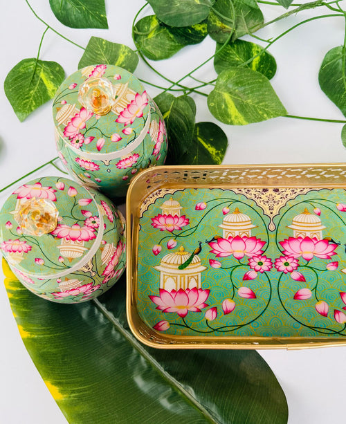 Golden Essence Jar & Tray Set, Green lotus  Pattern, 3-Piece
