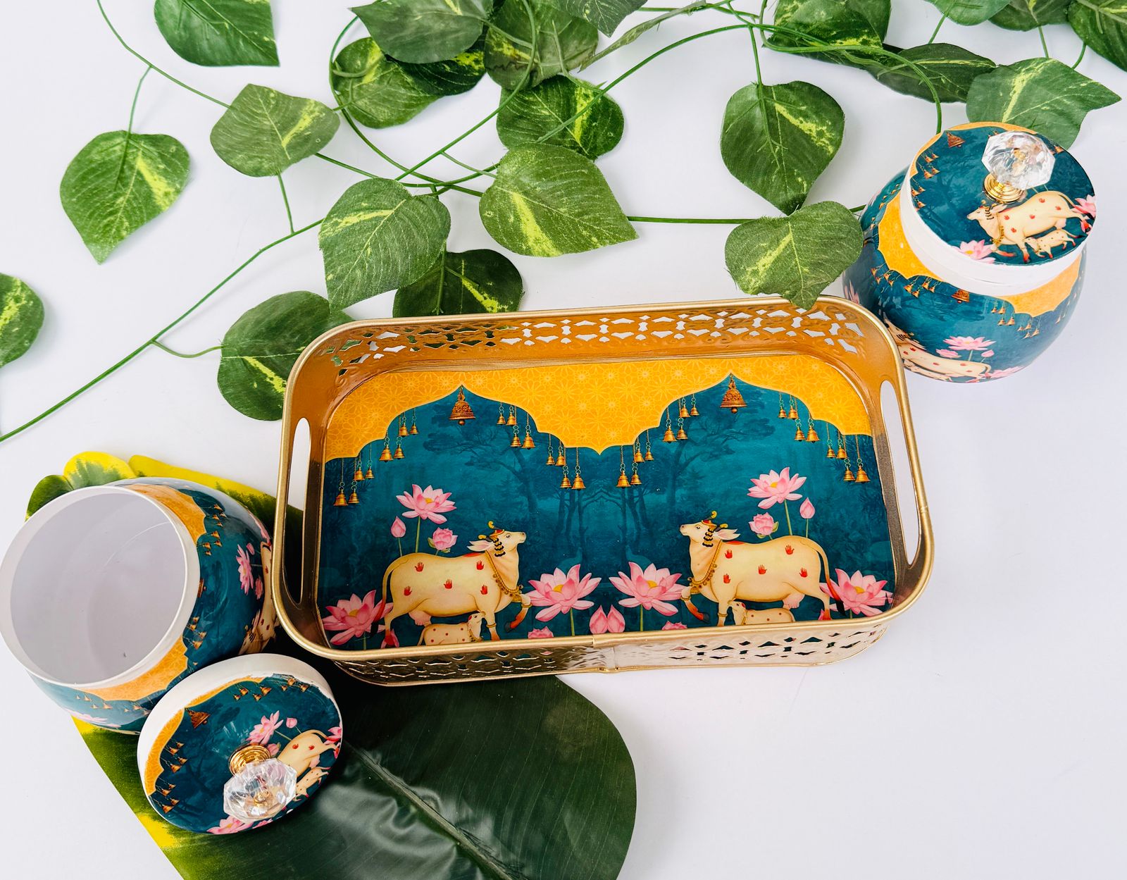 Golden Essence Jar & Tray Set , Teal Blue color ,3-Piece set
