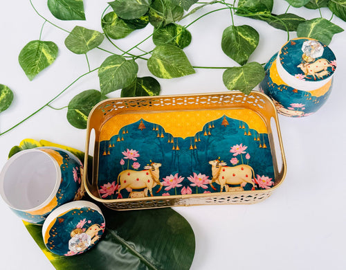 Golden Essence Jar & Tray Set , Teal Blue color ,3-Piece set