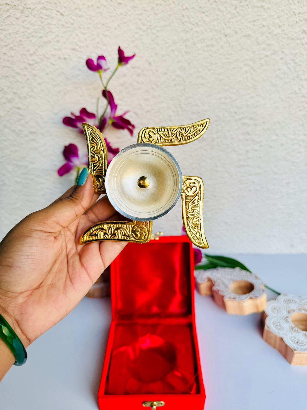Brass Swastik Diya with Velvet Gift Box – Size- 4 inch Elegant Pooja & Festive Gift Item