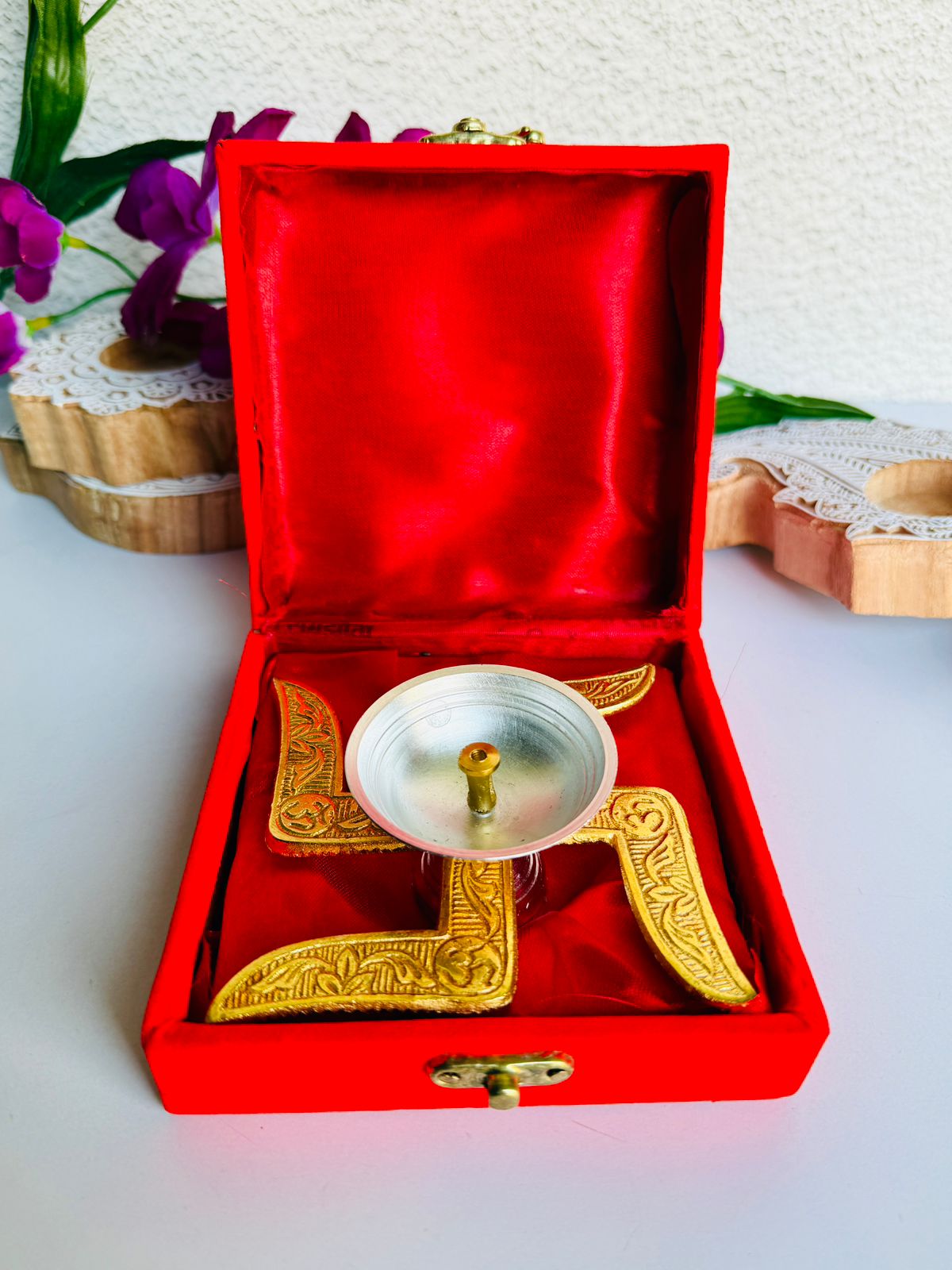 Brass Swastik Diya with Velvet Gift Box – Size- 4 inch Elegant Pooja & Festive Gift Item