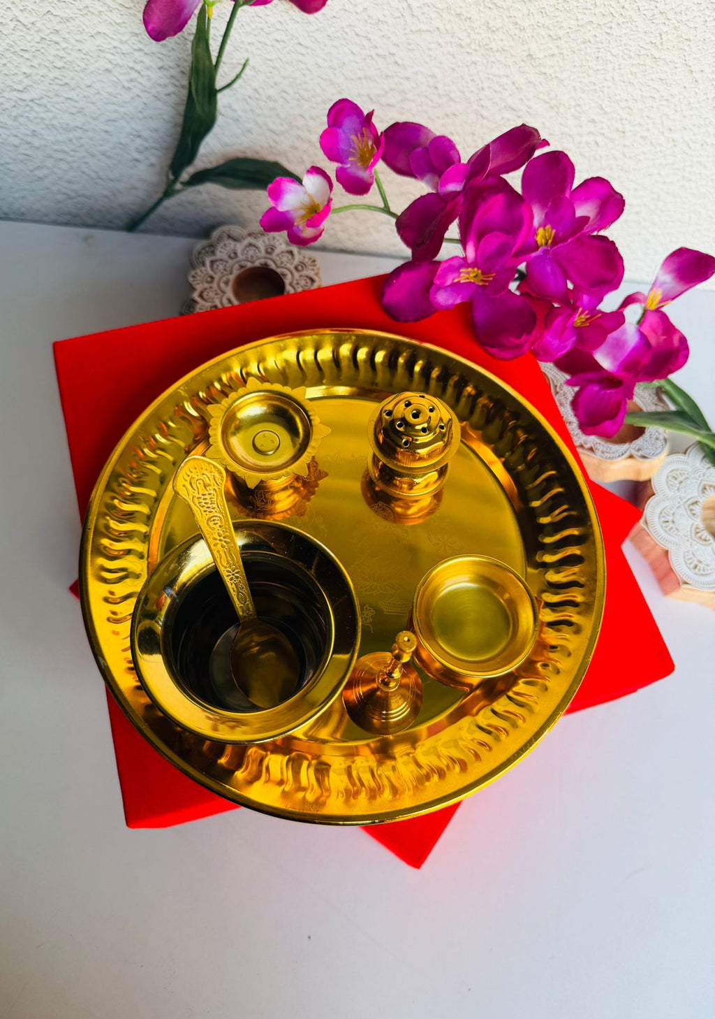 Premium Gold-Polished Steel Pooja Thali Set with Velvet Box