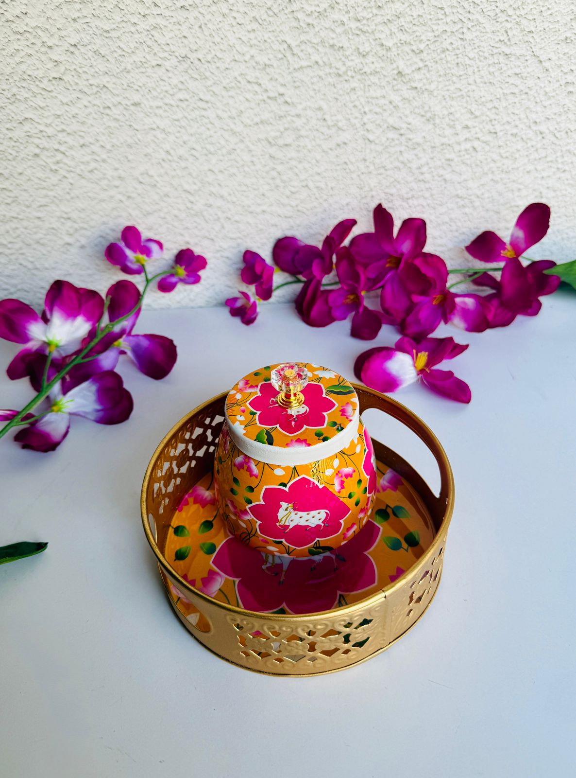 Golden Essence Handcrafted Jar And Tray - 2 Piece Set
