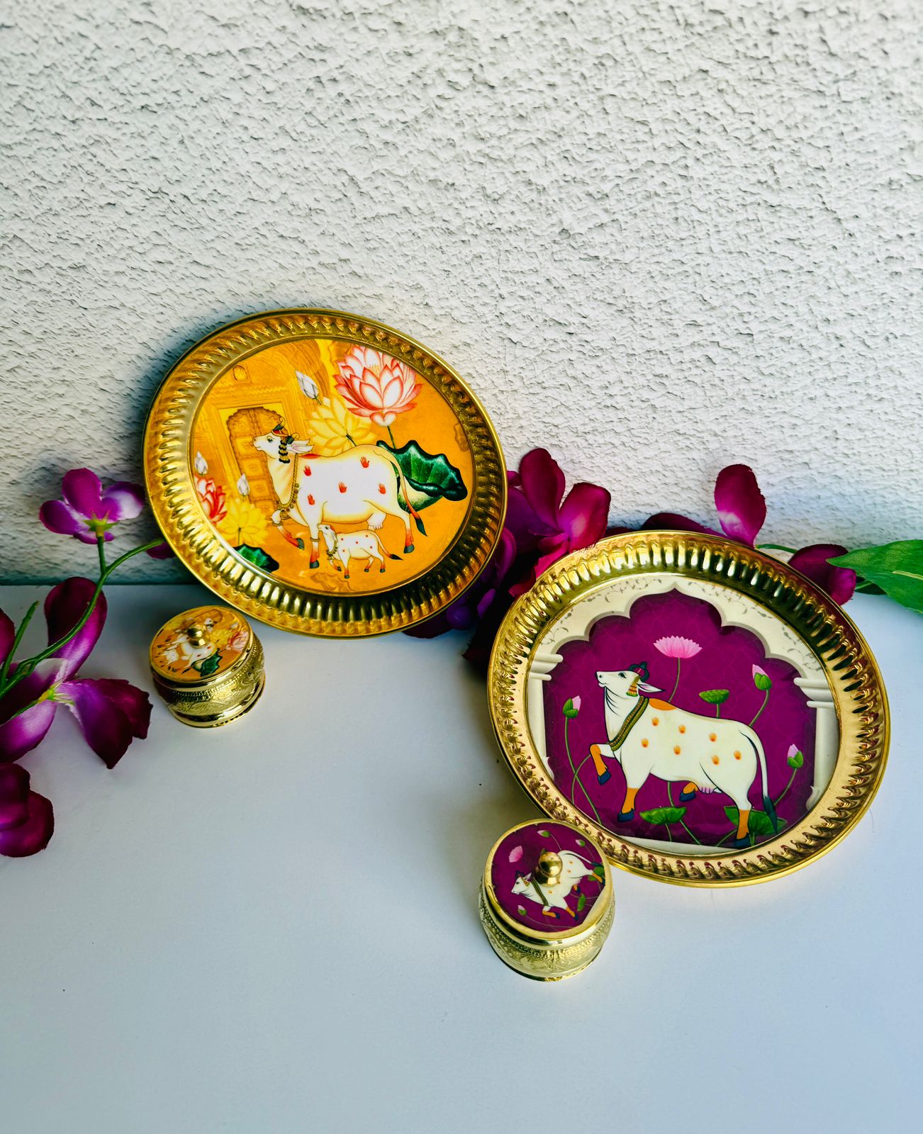 Golden Essence Brass Pooja Thali with Kumkum Box Set
