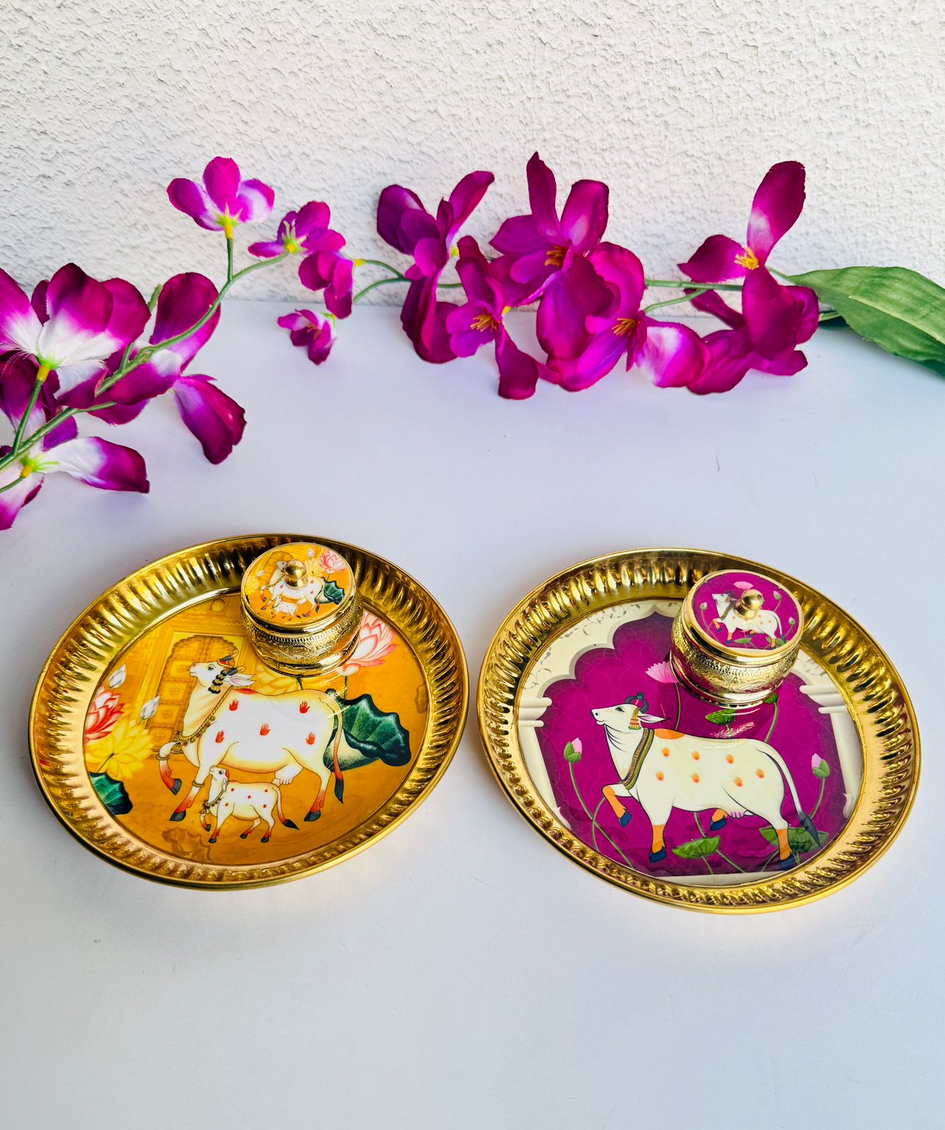 Golden Essence Brass Pooja Thali with Kumkum Box Set