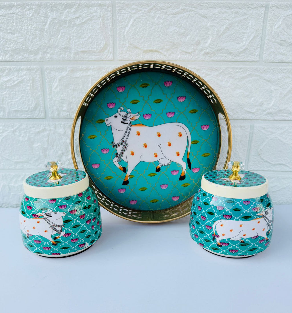 Golden Essence Jar & Tray Set, Turquoise Cow Pattern, 3-Piece