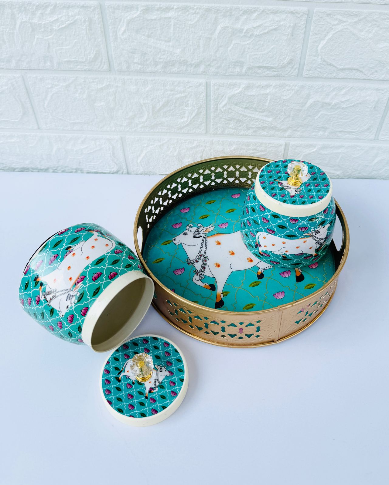 Golden Essence Jar & Tray Set, Turquoise Cow Pattern, 3-Piece