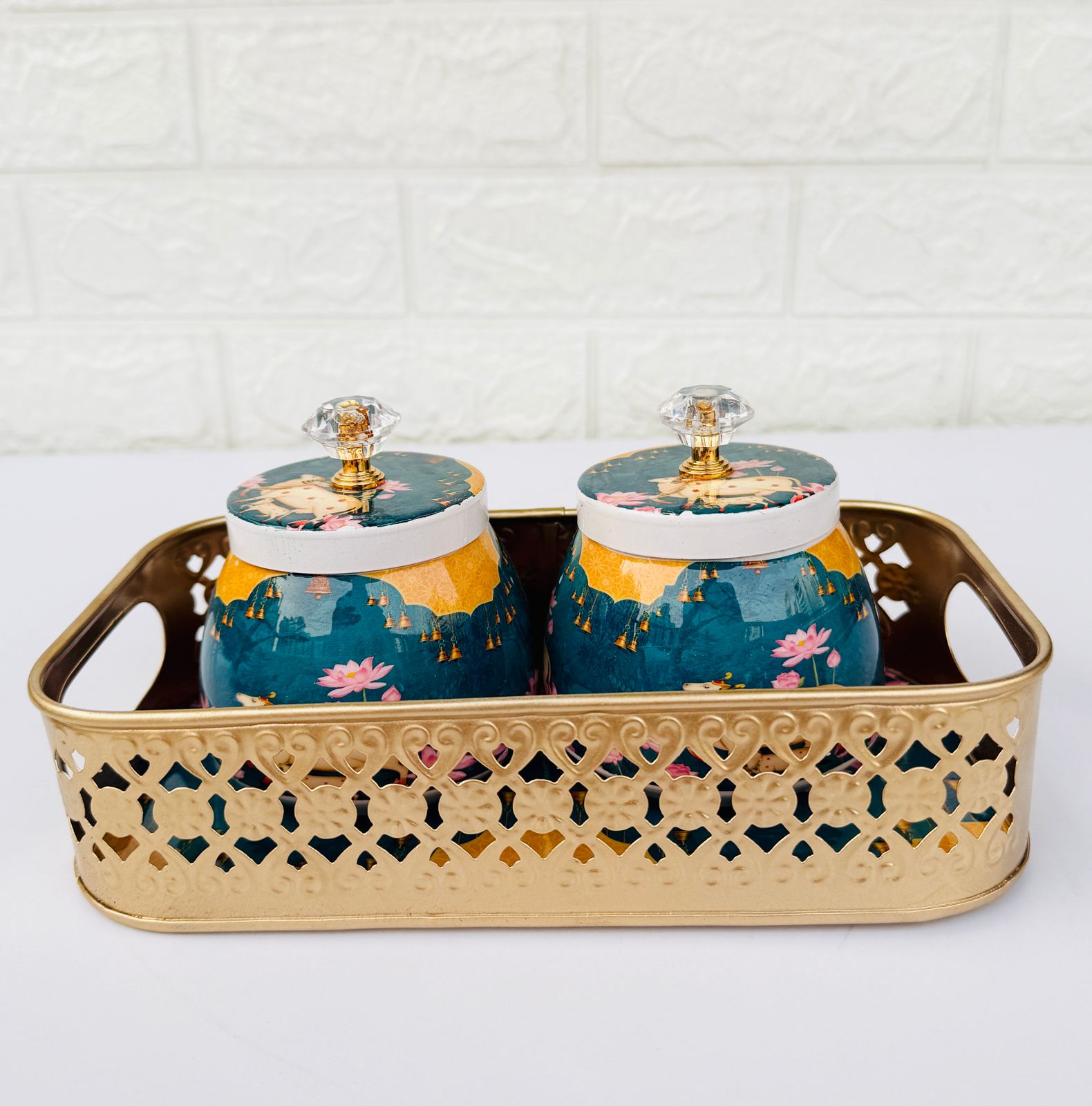 Golden Essence Jar & Tray Set , Teal Blue color ,3-Piece set