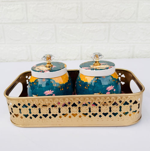 Golden Essence Jar & Tray Set , Teal Blue color ,3-Piece set