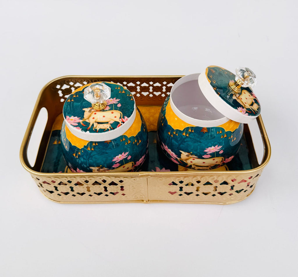 Golden Essence Jar & Tray Set , Teal Blue color ,3-Piece set