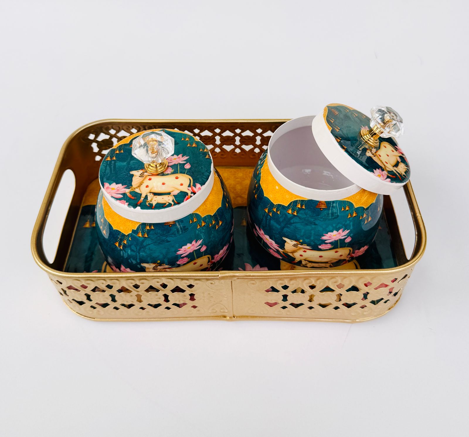 Golden Essence Jar & Tray Set , Teal Blue color ,3-Piece set