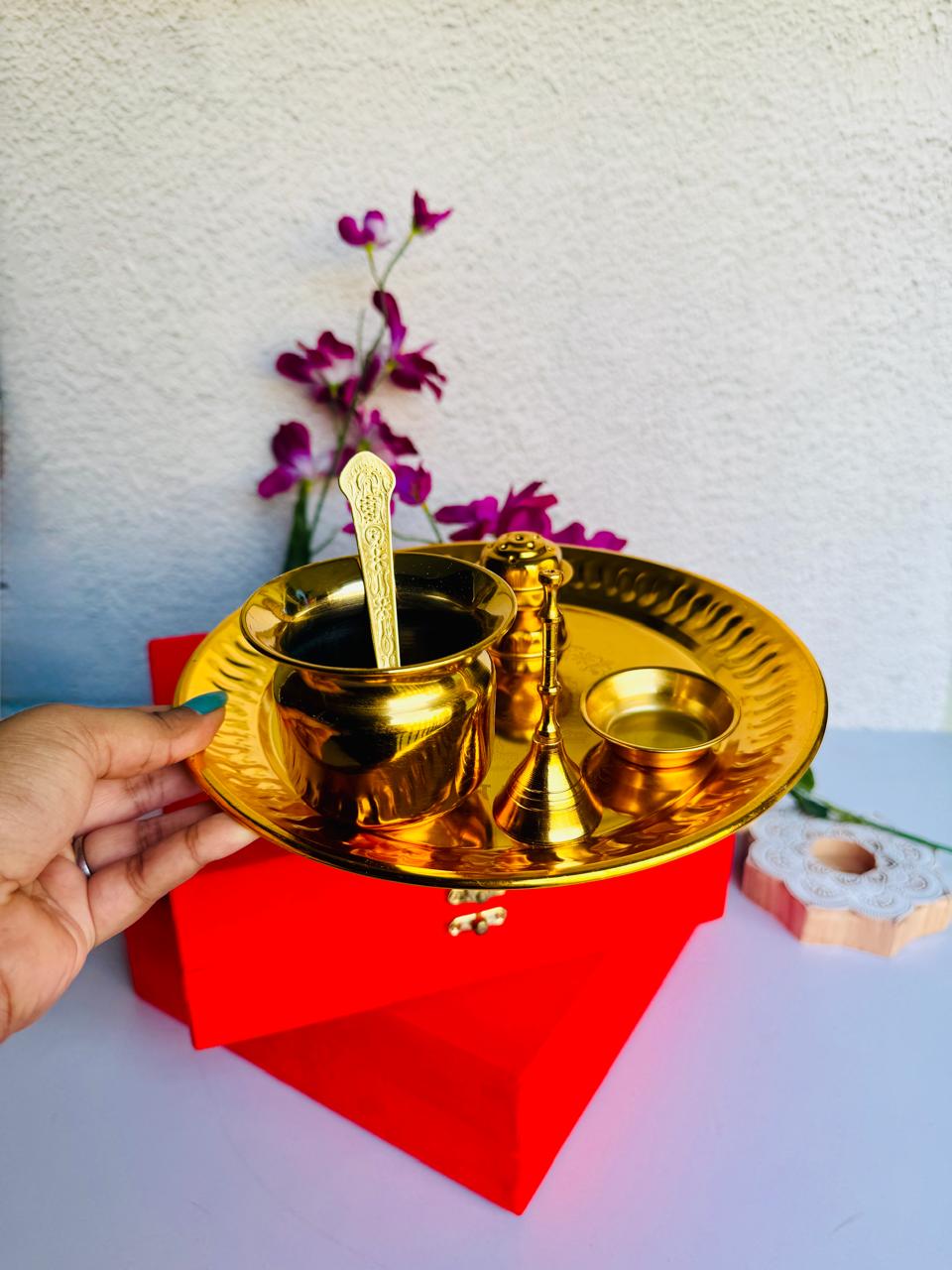Premium Gold-Polished Steel Pooja Thali Set with Velvet Box