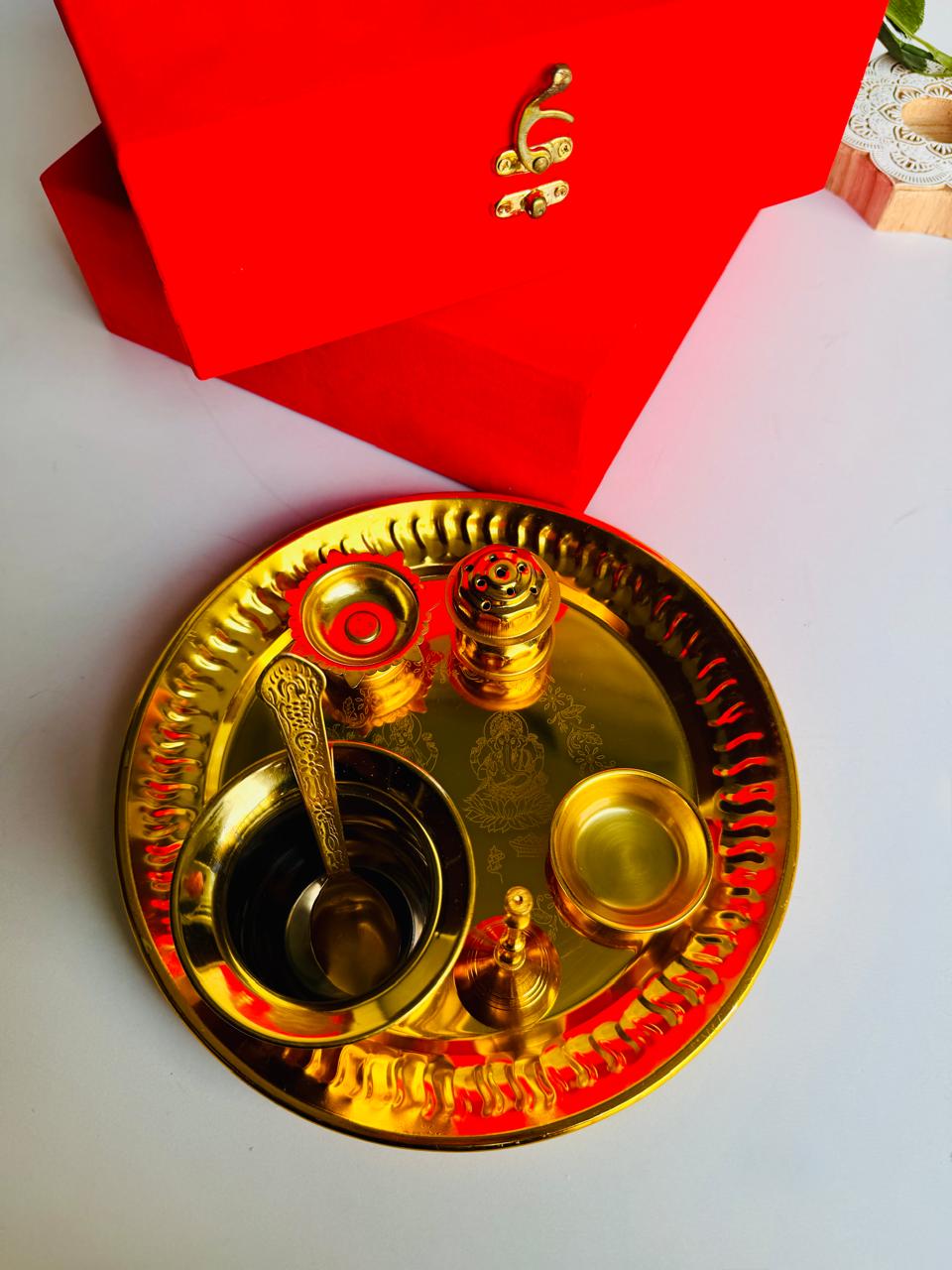 Premium Gold-Polished Steel Pooja Thali Set with Velvet Box